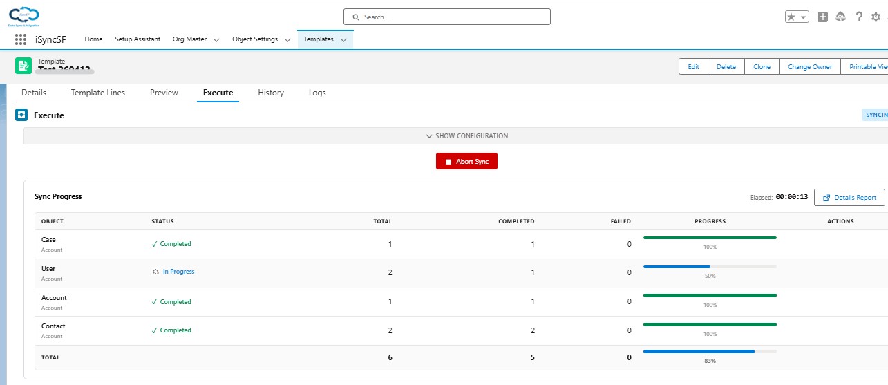 iSyncSF Execute tab progress tracker showing per-object record counts, status, and elapsed time